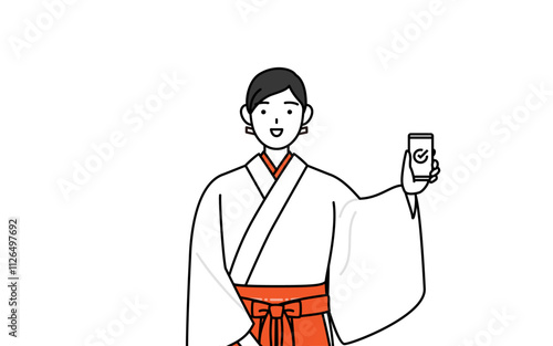 仕事でスマホを使う神社の巫女、白衣と緋袴