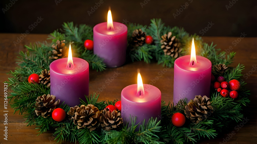 A beautiful Advent wreath made of fresh evergreen branches, featuring four candles (three purple, one pink) and a central white candle representing Christ, adorned with pinecones, holly berries, and g A beautiful Advent wreath made of fresh evergreen branches, featuring four candles (three purple, one pink) and a central white candle representing Christ, adorned with pinecones, holly berries, and g