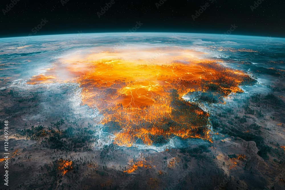 Stunning aerial view of a vibrant, fiery atmospheric phenomenon over the earth's surface. Stunning aerial view of a vibrant, fiery atmospheric phenomenon over the earth's surface.