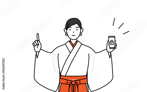 スマホのセキュリティ対策をする神社の巫女、白衣と緋袴