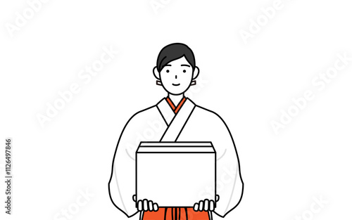 段ボールを運ぶ作業をする神社の巫女、白衣と緋袴