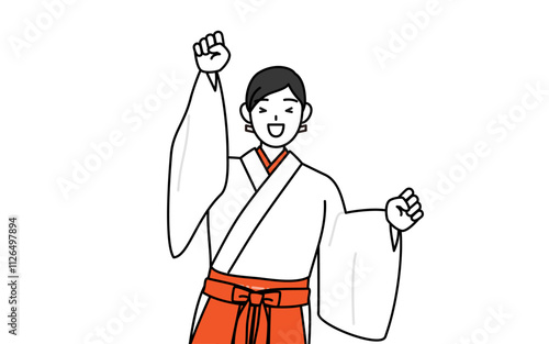 軽やかに喜んでジャンプする神社の巫女、白衣と緋袴