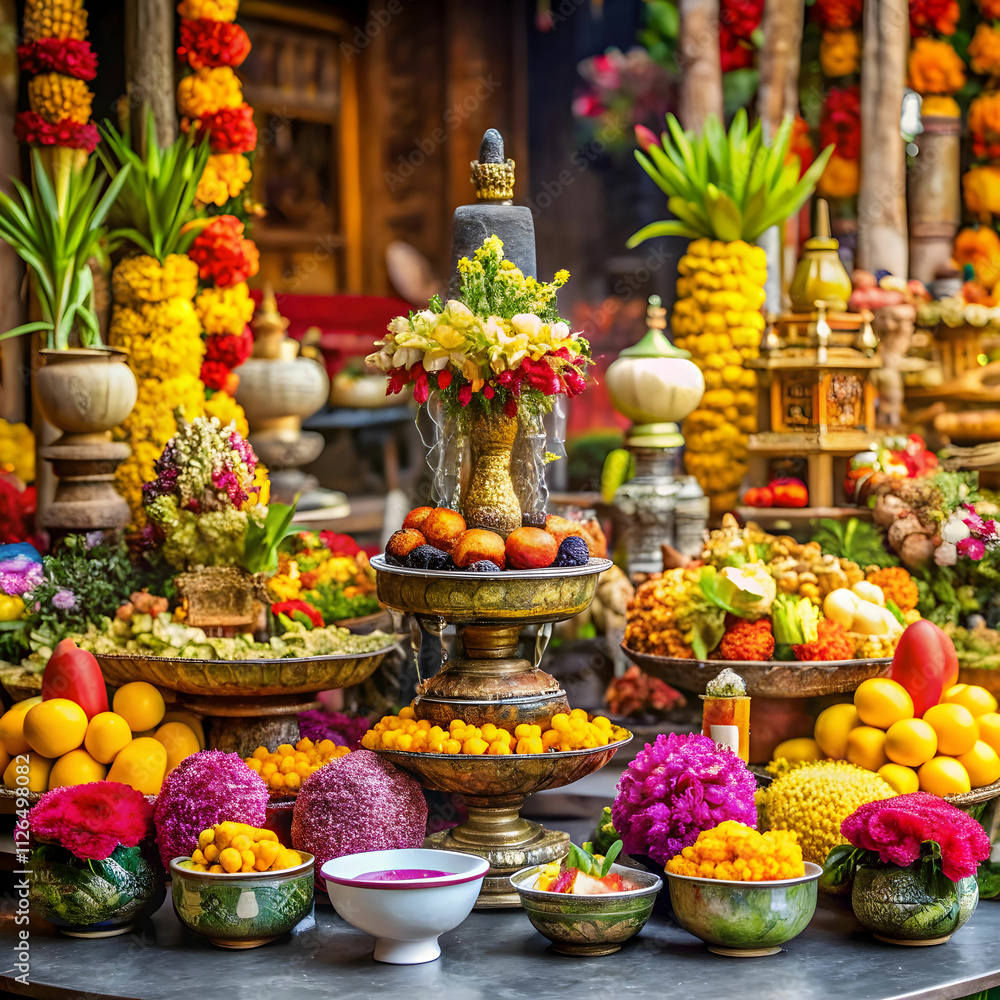 Fototapeta premium Offerings of flowers and fruits placed at an altar