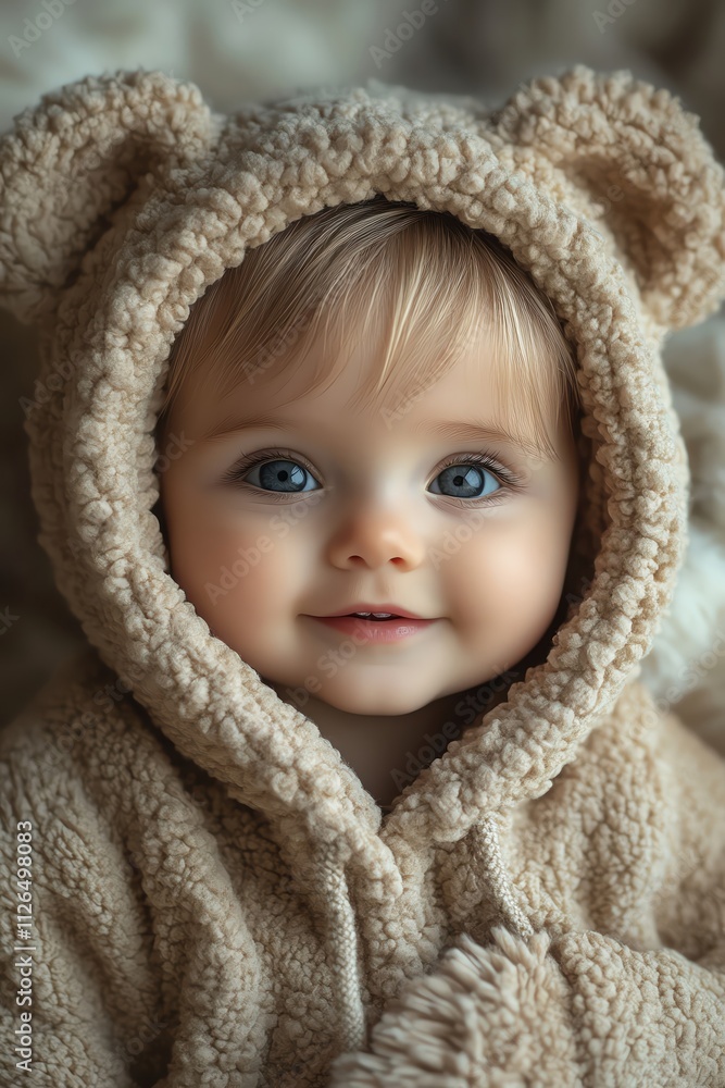 Smiling baby in a beige bear hoodie, closeup, soft studio lighting Smiling baby in a beige bear hoodie, closeup, soft studio lighting