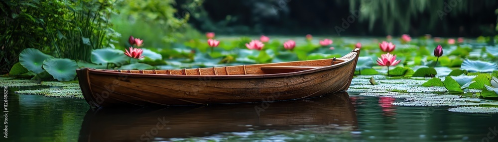 Fototapeta premium Wooden boat in a serene pond with large green lily pads and pink flowers, calm and peaceful
