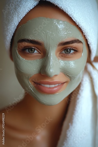 Woman with a white clay mask on her face, smiling, holding a towel Indoor, soft natural light, beauty routine photo