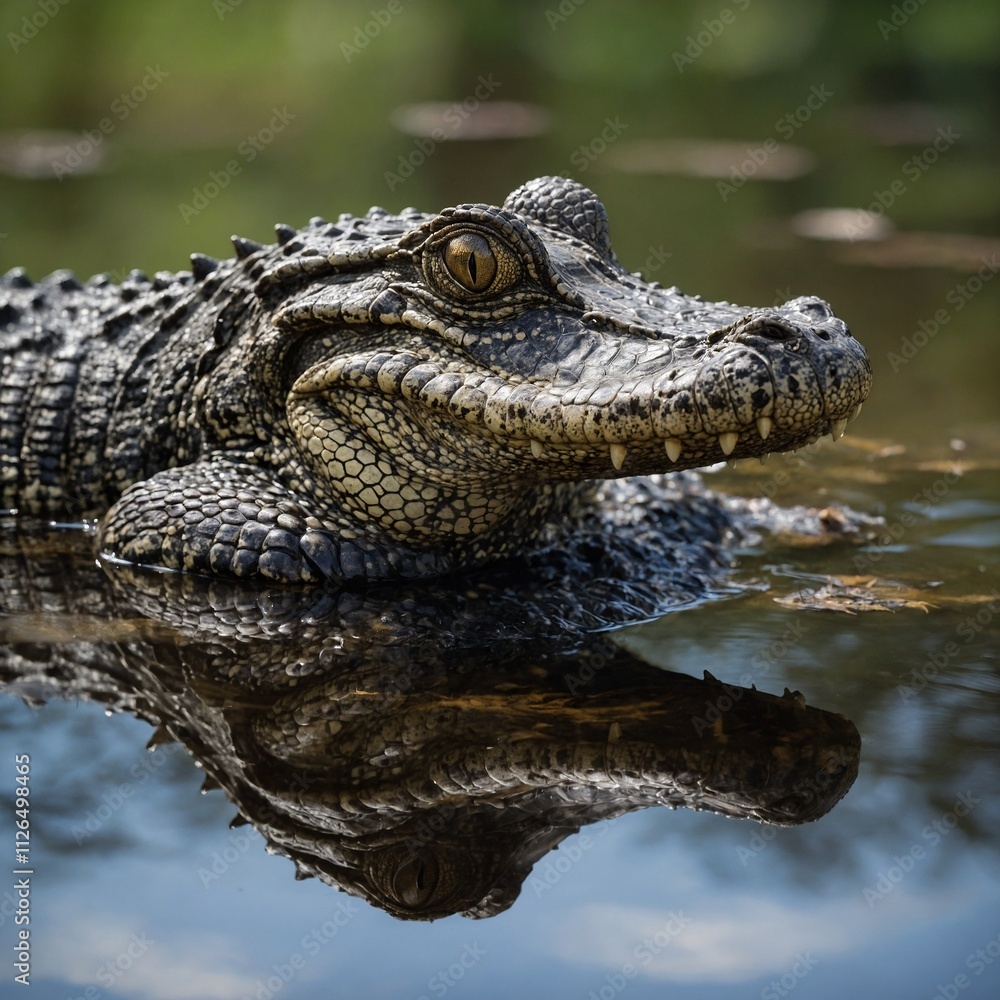 A spectacled caiman's reflection in still water. A spectacled caiman's reflection in still water.