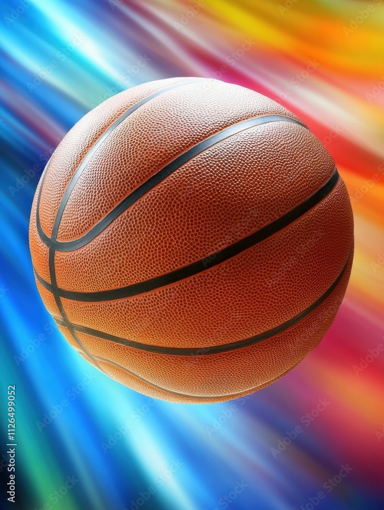 A basketball is captured mid-air, emphasizing its motion against a backdrop of vivid colors and blurred lines, perfect for showcasing action. Generative AI A basketball is captured mid-air, emphasizing its motion against a backdrop of vivid colors and blurred lines, perfect for showcasing action. Generative AI
