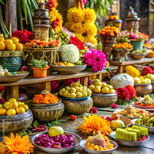 Offerings of flowers and fruits placed at an altar