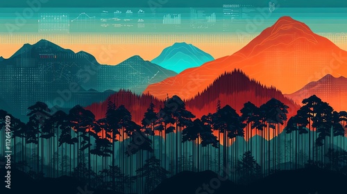 Stunning digital landscape with mountains and forests in vibrant colors and abstract patterns. photo