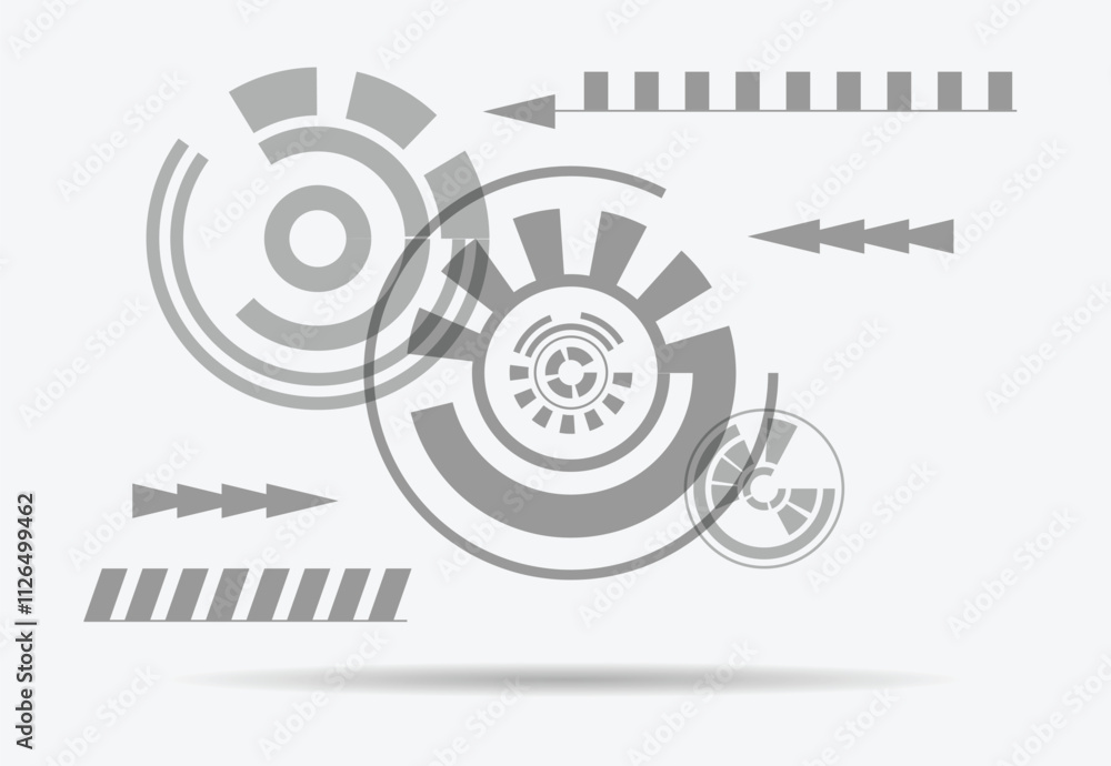 Technology Background in Grey with Arrows and Geometric Circular Gear. Backgrounds and graphic design elements concept vector art Technology Background in Grey with Arrows and Geometric Circular Gear. Backgrounds and graphic design elements concept vector art