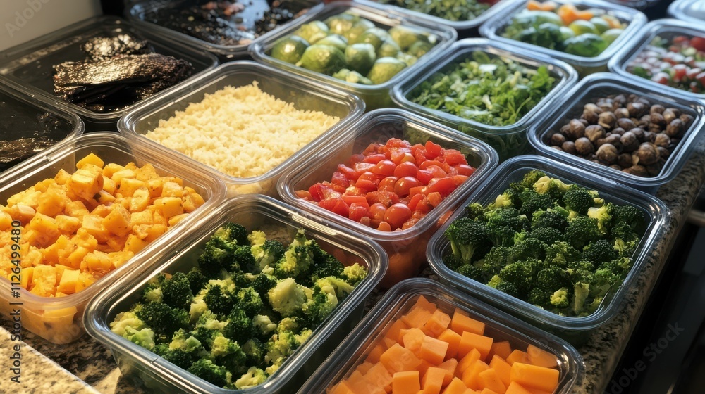Batch cooking meal prep with tupperware containers filled with various healthy foods for an organized week. Batch cooking meal prep with tupperware containers filled with various healthy foods for an organized week.