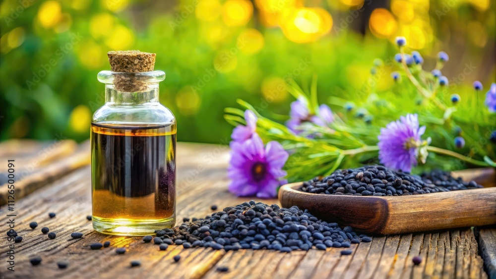 Tilt-Shift Photography: Black Cumin Oil, Wildflowers, and Cumin Seeds - Natural Remedy Tilt-Shift Photography: Black Cumin Oil, Wildflowers, and Cumin Seeds - Natural Remedy