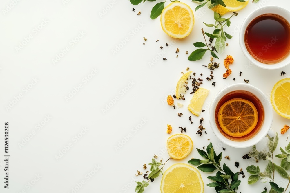 Freshly brewed tea with lemon slices and herbs arranged on a light surface for a refreshing experience Freshly brewed tea with lemon slices and herbs arranged on a light surface for a refreshing experience