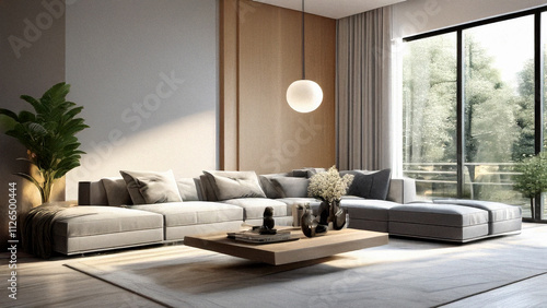 luxury home room interior of stylish modern living room with gray sofas and coffee table near large window