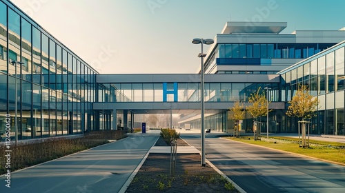 Modern hospital complex with glass-walled buildings and connecting walkway.