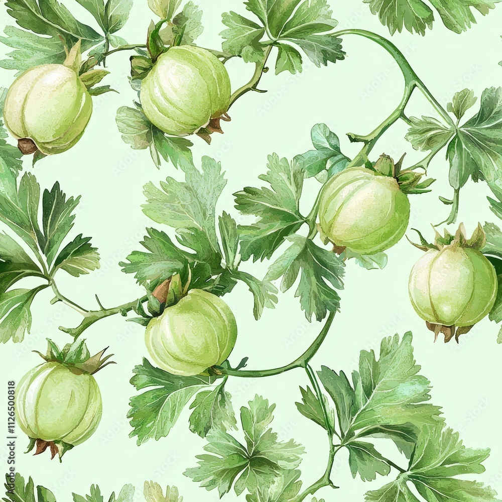 Fresh green gooseberries with translucent tones and fine foliage in natural setting Fresh green gooseberries with translucent tones and fine foliage in natural setting