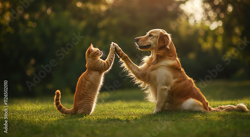 A golden retriever dog and a red cat high-fiving on green grass in summer