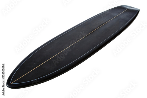 A sleek black longboard surfboard with subtle beige stringer detailing along the center, featuring a streamlined design for smooth gliding on waves, set against a transparent background photo