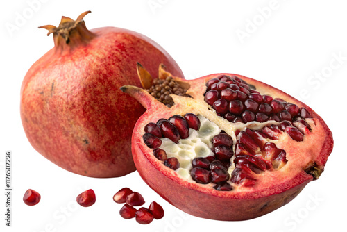 A sliced pomegranate showcasing its glossy red seeds spilling out, alongside a whole fruit in the background, with loose seeds scattered nearby, set against a transparent background photo