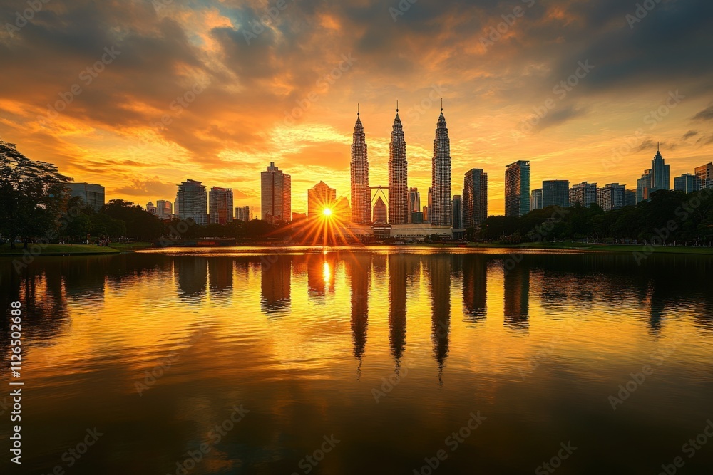 Obraz premium sunset over city skyline reflecting in water