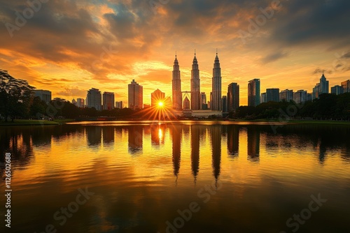 sunset over city skyline reflecting in water