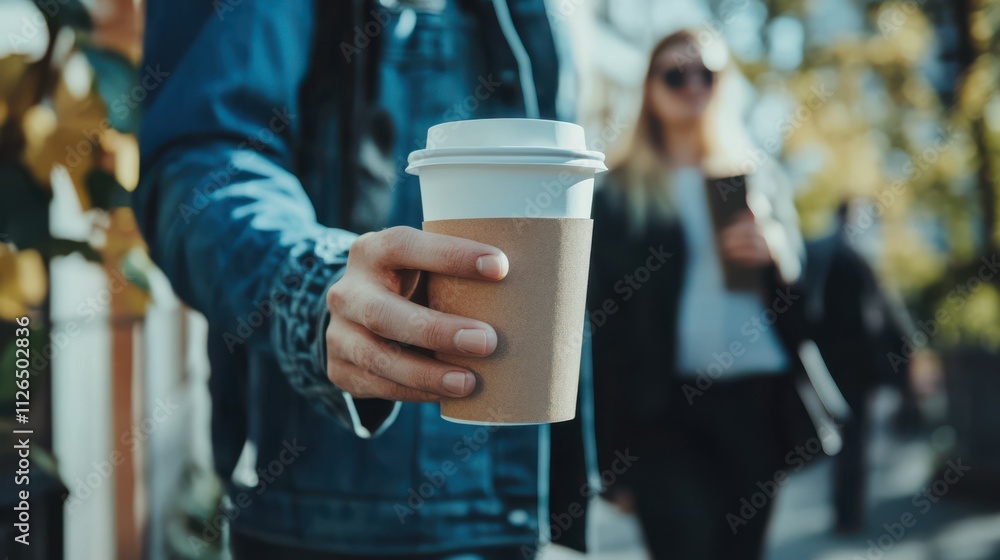 Business people having informal meeting while walking outdoors and holding takeaway coffee Business people having informal meeting while walking outdoors and holding takeaway coffee