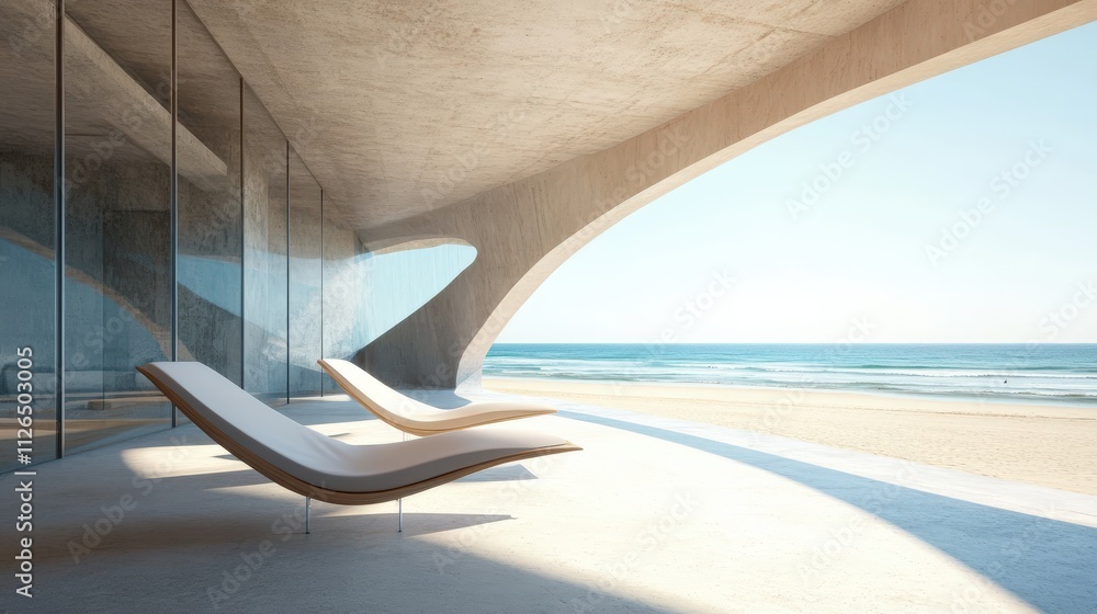 Fototapeta premium Modern Beach House Lounge Chairs Overlooking Ocean