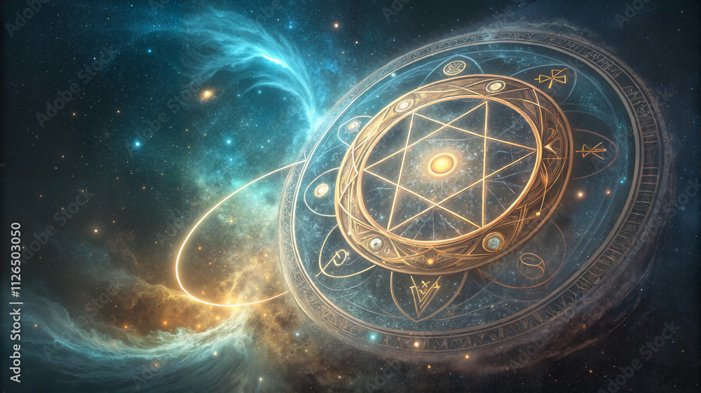 Naklejka premium Cosmic mandala design in mystical atmosphere with glowing elements and vibrant colors