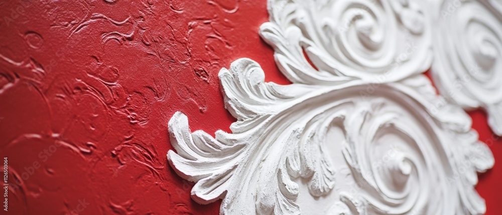 ornate white plaster detail on red textured wall ornate white plaster detail on red textured wall