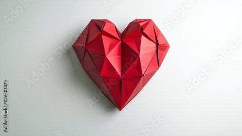 Lifelike 3D Model of a Vibrant Red Origami Heart with Folded Polygon Shapes