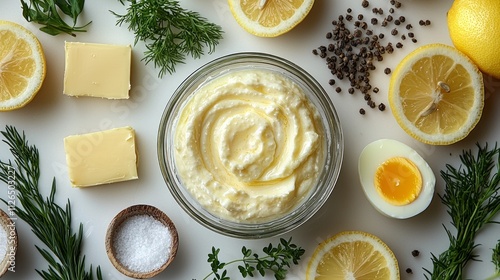 bowl creamy hollandaise sauce presented glass container surrounded fresh egg yolks clarified butter lemon slices and chervil. photo