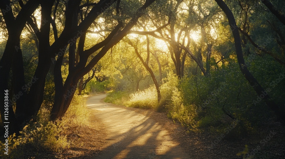 Naklejka premium serene forest path illuminated by golden sunlight