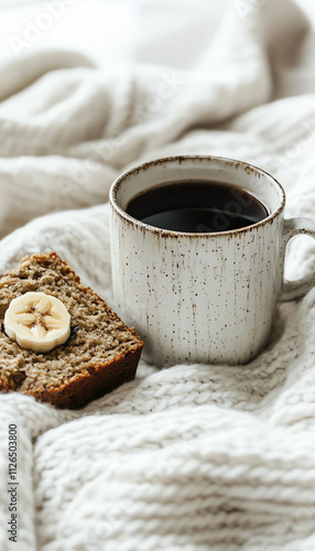 Cozy breakfast setup with a warm cup of coffee and banana bread on a soft blanket, perfect for a lazy morning. photo