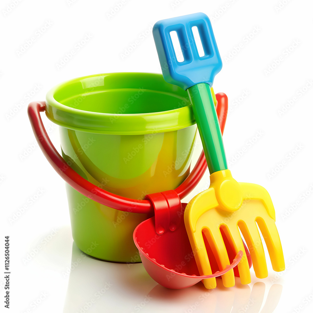 Baby Toy Bucket with Shovel and Rake Isolated Baby Toy Bucket with Shovel and Rake Isolated