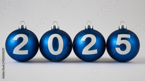 four blue Christmas balls with white inscription 2025 on white background, minimalism, simple, festive decoration, modern design, new year theme, elegant, holiday season photo