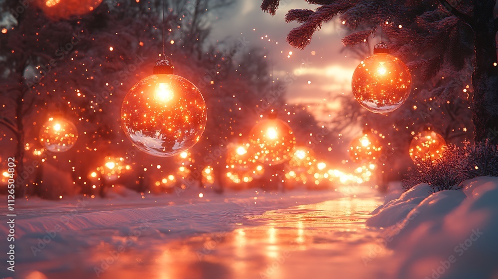 Naklejka premium A Snow-Covered Road with Street Lights.