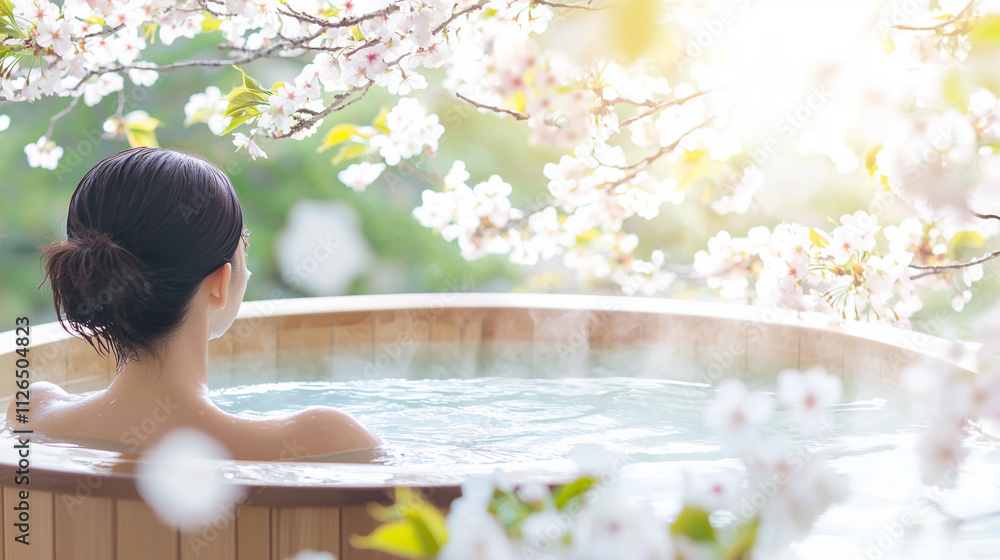 Tranquility Amidst Blossoms: A woman finds solace in a steaming outdoor hot tub, surrounded by the delicate beauty of cherry blossoms in full bloom. The scene evokes a sense of serenity, relaxation. Tranquility Amidst Blossoms: A woman finds solace in a steaming outdoor hot tub, surrounded by the delicate beauty of cherry blossoms in full bloom. The scene evokes a sense of serenity, relaxation.