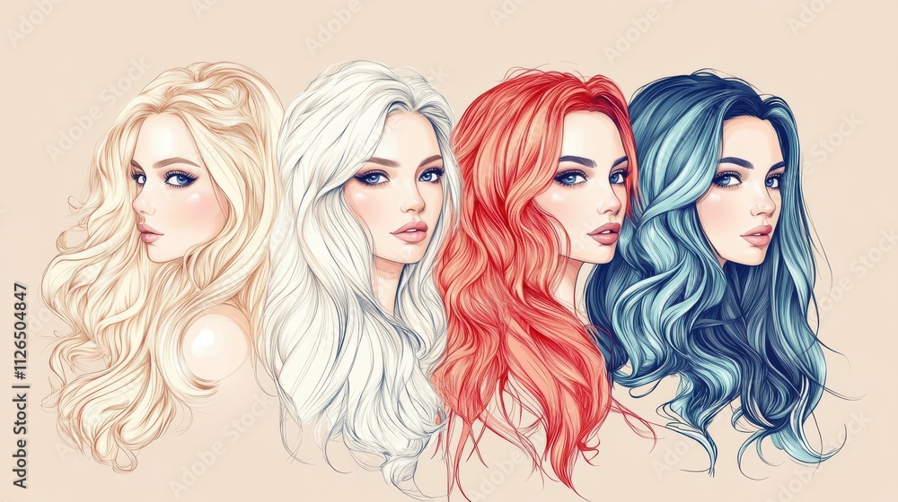 Four beautiful women with hair coloring in ultra blond. Stylish hairstyle curls done in a beauty salon. Fashion girls , cosmetics and makeup. Four beautiful women with hair coloring in ultra blond. Stylish hairstyle curls done in a beauty salon. Fashion girls , cosmetics and makeup.
