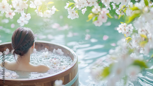 Tranquil Spring Ritual: A woman finds serenity and peace in a wooden bath surrounded by blossoming cherry trees, petals gently falling upon the water. photo