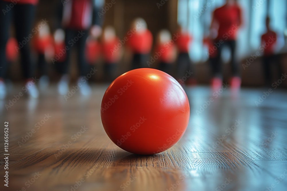 On a wooden floor, a red dodgeball with blurred players. Generative Ai On a wooden floor, a red dodgeball with blurred players. Generative Ai