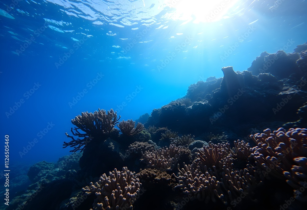 Fototapeta premium Serene Underwater Scene with Coral Reefs and Sunlight Filtering Through