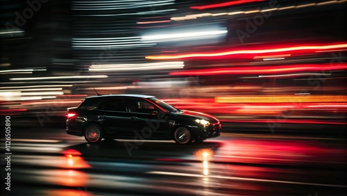 Dynamic shot of a moving car with light trails at night on urban road