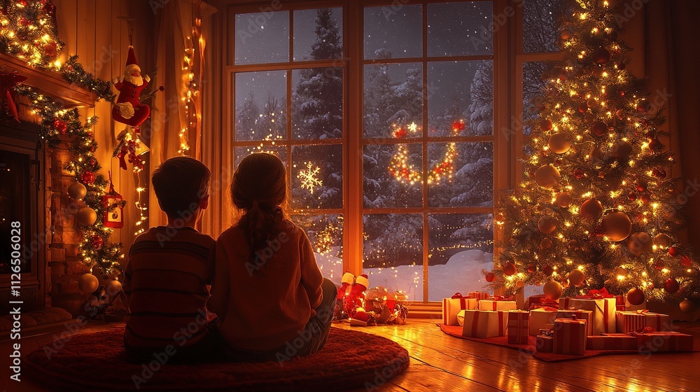 A girl and a boy enjoying Christmas together in house A girl and a boy enjoying Christmas together in house