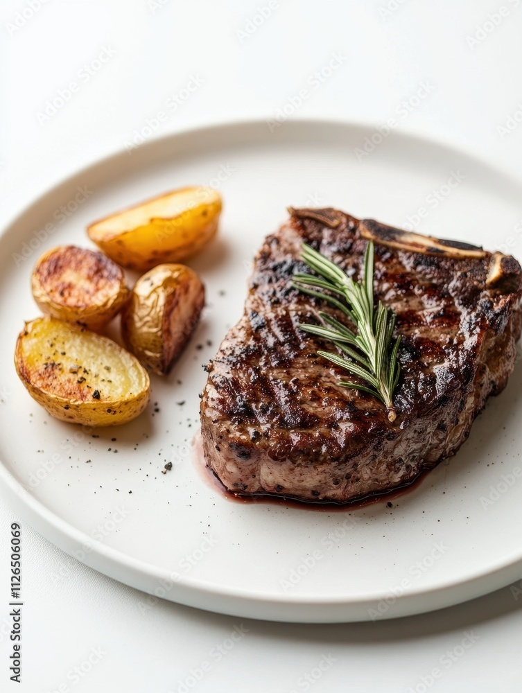 A beautifully plated steak with roasted potatoes and a sprig of rosemary. A beautifully plated steak with roasted potatoes and a sprig of rosemary.