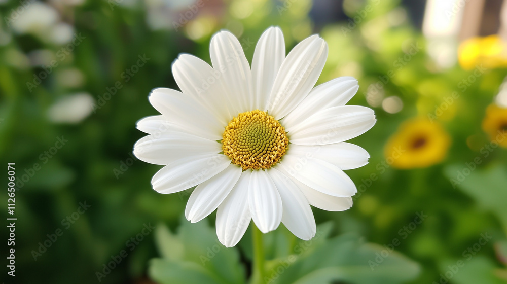 Daisy Delight: A solitary white daisy blooms in a lush garden, its delicate petals unfurling in the warm sunlight. Its vibrant yellow center adds a pop of color to the scene. Daisy Delight: A solitary white daisy blooms in a lush garden, its delicate petals unfurling in the warm sunlight. Its vibrant yellow center adds a pop of color to the scene.