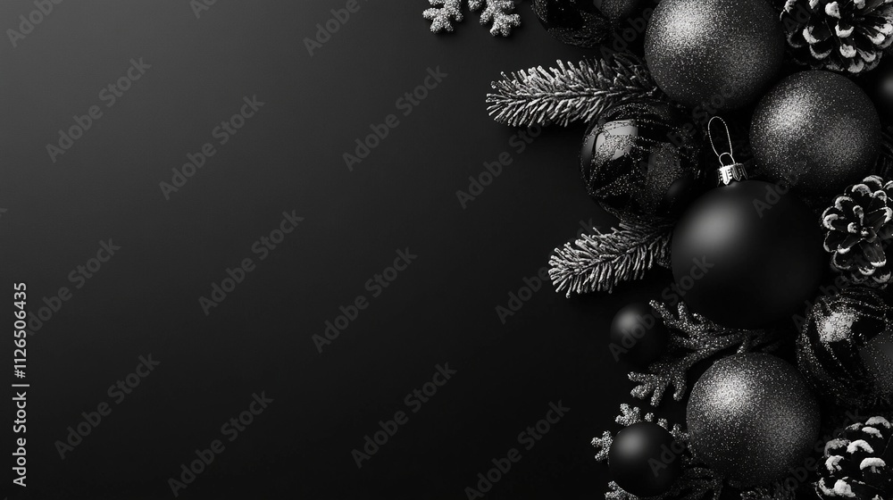 Beautiful black Christmas balls banner with copy space for holiday greetings and festive decorations Beautiful black Christmas balls banner with copy space for holiday greetings and festive decorations