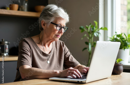 Mature old woman wearing glasses working on laptop online, sitting at desk on kitchen