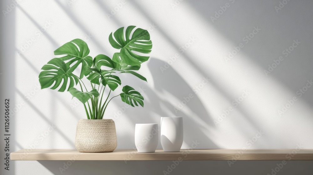 Contemporary shelf arrangement, verdant monstera in natural fiber pot, pale wood frame layout, white modern ceramics, airy composition, gentle shadows, light gray backdrop, minimalist home photography Contemporary shelf arrangement, verdant monstera in natural fiber pot, pale wood frame layout, white modern ceramics, airy composition, gentle shadows, light gray backdrop, minimalist home photography