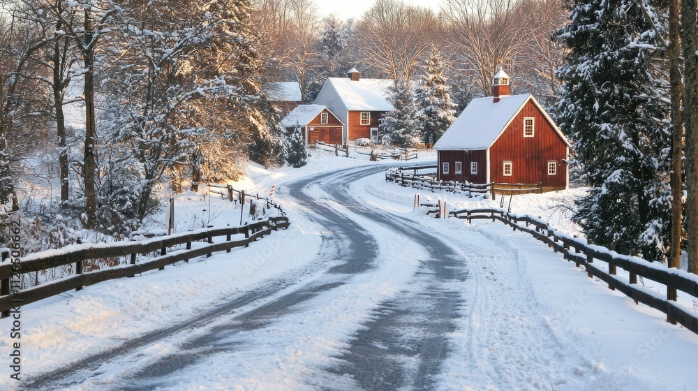 Naklejka premium Serene Winter Landscape with Snowy Road and Cozy Red Barns in Tranquil Scenery